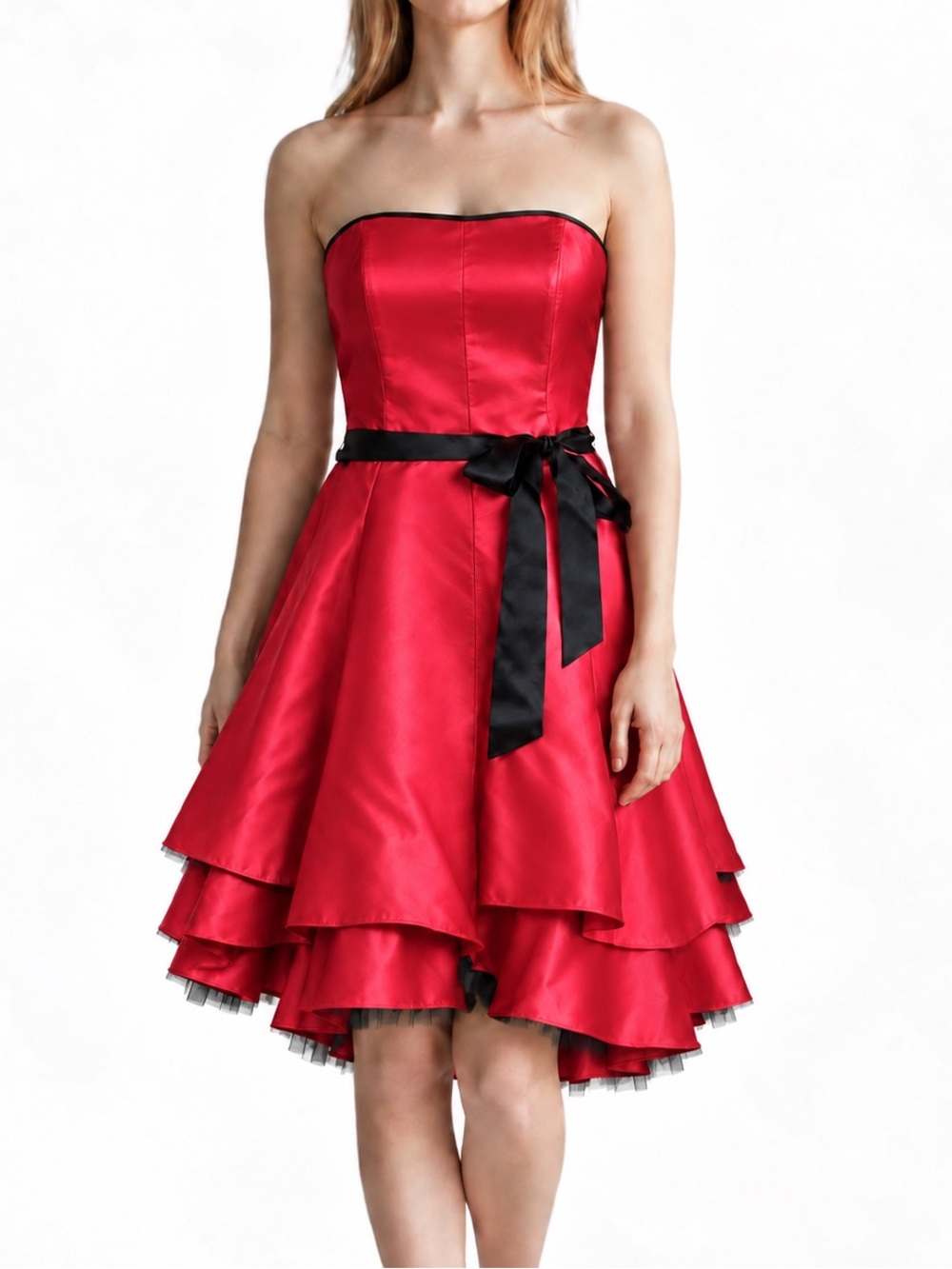 Jessica McClintock for Gunne Sax Vintage Red Satin Party Dress Bow Tulle Hem L